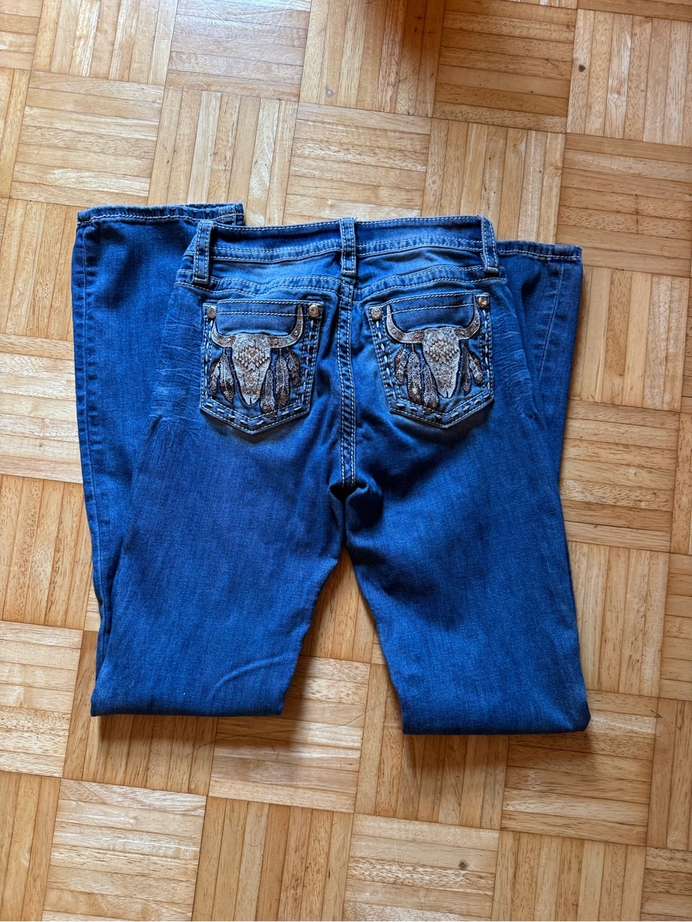 Miss Me Blue Boot Cut Jeans with Embroidered Bull Skull Pockets
